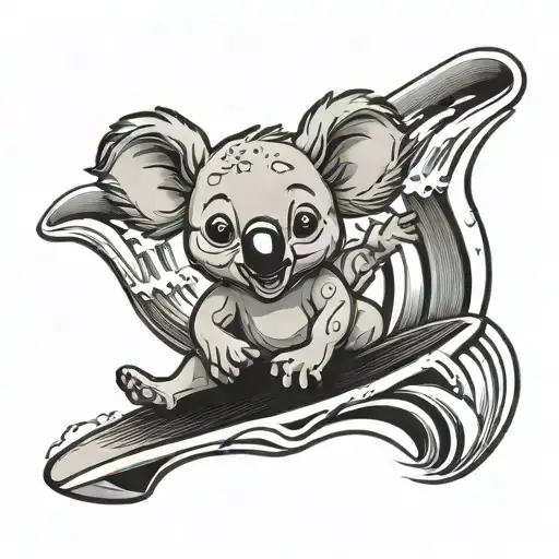 Cartoon Koala surfing on a wave tattoo design idea