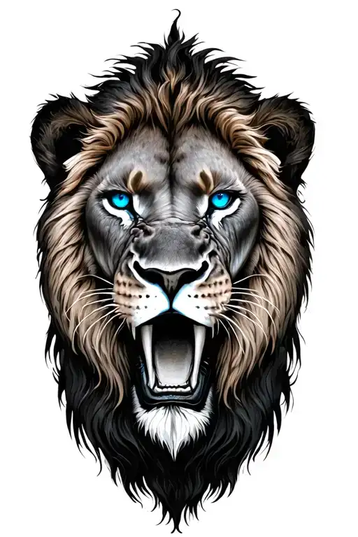 roaring lion face, dark blue eyes, drawn sharp tattoo design idea