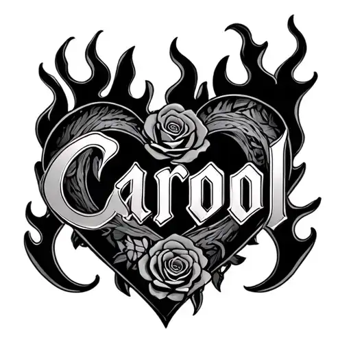 "Carol " traditional rose heart flames wrapped in the name tattoo design idea