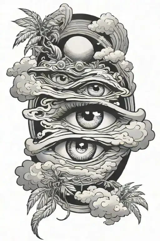 clouds filling, spy vs spy original form, female eye, palms in the bottom tattoo design idea