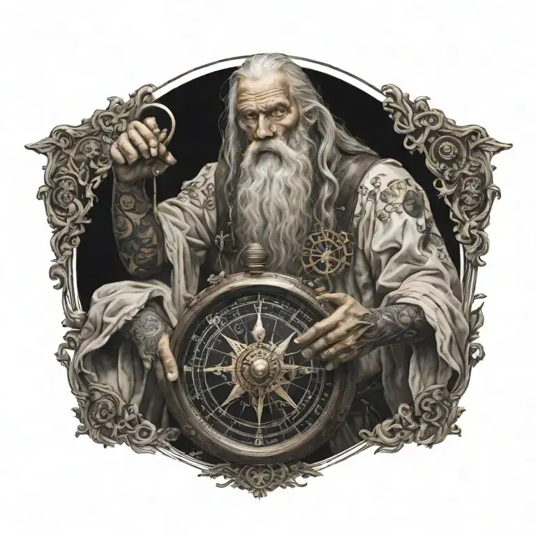 Father Time with tattoos on his arms, holding nautical compass, semi colon unr his wearing eye, start night background  tattoo design idea