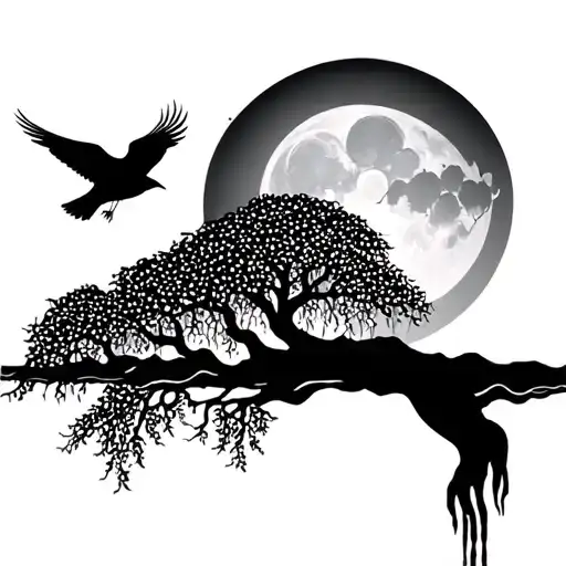 Willow tree, moon, birds, tattoo design idea