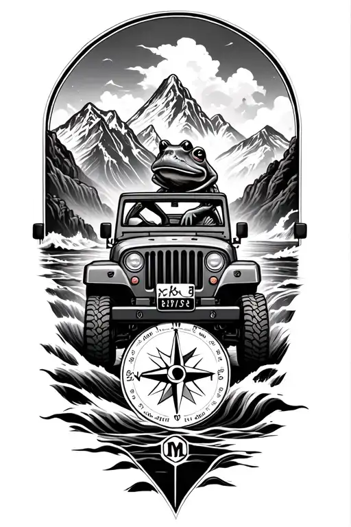 forearm compass tattoo with mountains, ocean waves and a frog driving a jeep  tattoo design idea