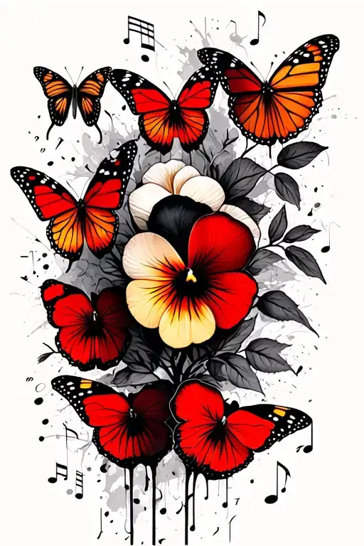 Pansies and Violas surrounded by monarch butterflies and music notes tattoo design idea