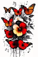 Pansies and Violas surrounded by monarch butterflies and music notes tattoo design idea