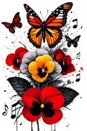 Pansies and Violas surrounded by monarch butterflies and music notes tattoo design idea