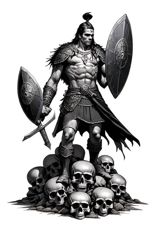 Gladiator with sword in one hand and shield in the other standing on a pile of skulls tattoo design idea