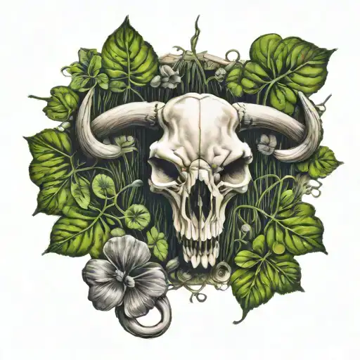 ox skull in a field of 4 leaf clover tattoo design idea