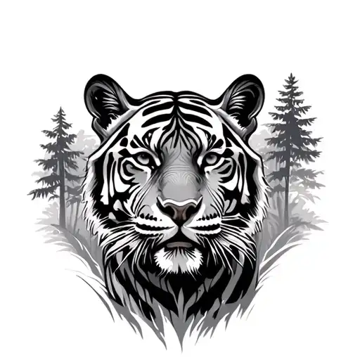 tiger emerging in jungle forest with trees tattoo design idea
