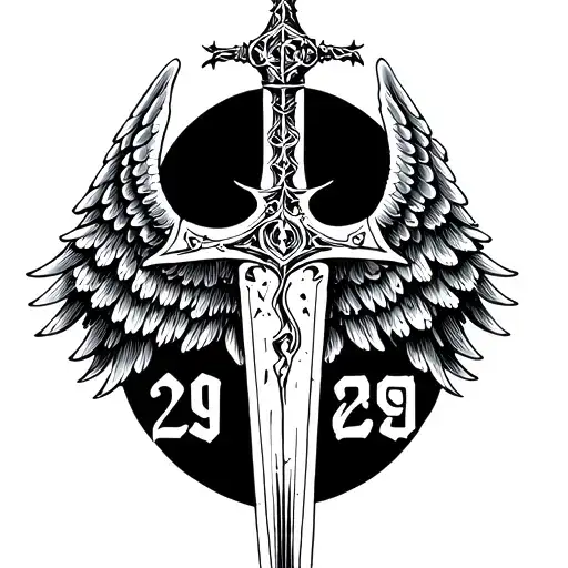 A broken sword with wings with the word hope and underneath the number 29 tattoo design idea