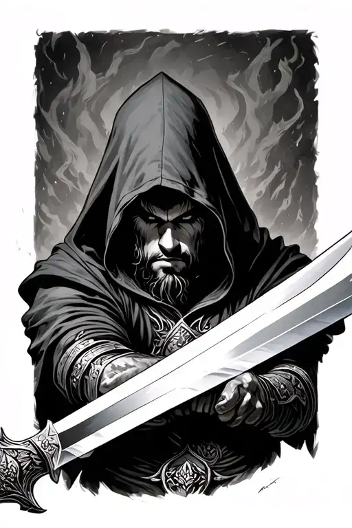 hooded warrior wielding a sword tattoo design idea