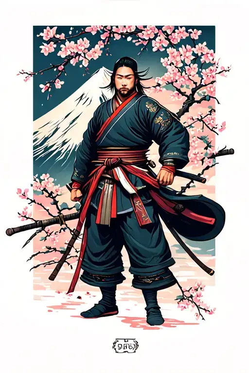 samurai and cherry blossoms with mt fuji tattoo design idea