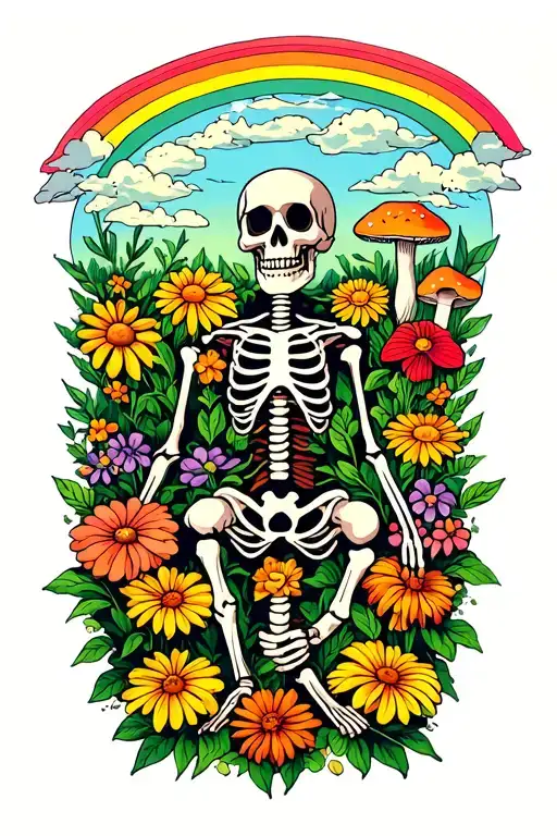 Skeleton gardener surrounded by flowers and mushrooms and rainbow tattoo design idea