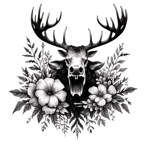 Full sleeve dark nature with Nordic flowers, moose, grad, skull bones, raven tree root, herbs, pagan witchy style  tattoo design idea