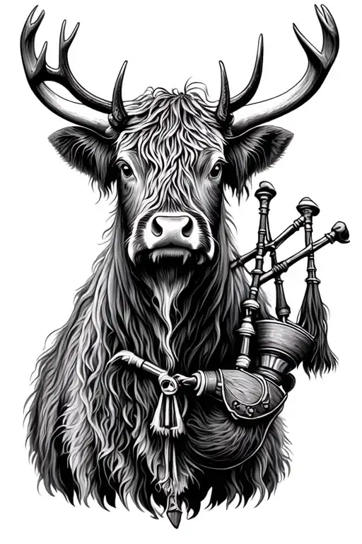 Scottish sleeve tattoo combination of highland cow, stag, bagpipes. tattoo design idea