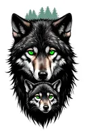 Black and white Mother wolf with green eyes and 2 baby cubs in forest background tattoo  tattoo design idea