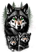 Black and white Mother wolf with green eyes and 2 baby cubs in forest background tattoo  tattoo design idea