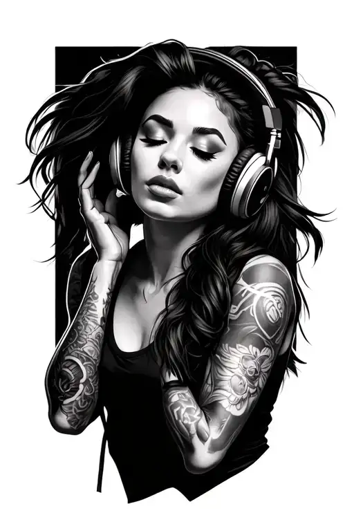 hot girl DJ wearing headphones side profile eyes closed blissful hand up to ear wearing dj clothes realistic tattoo design idea