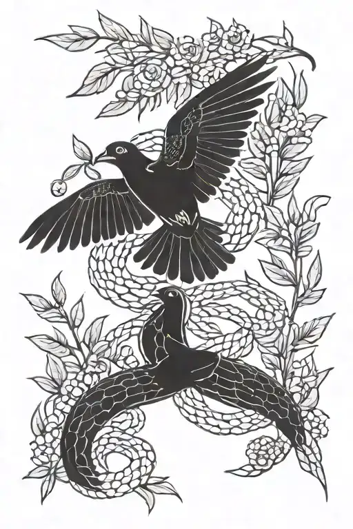 Snake and dove carrying an olive branch tattoo design idea