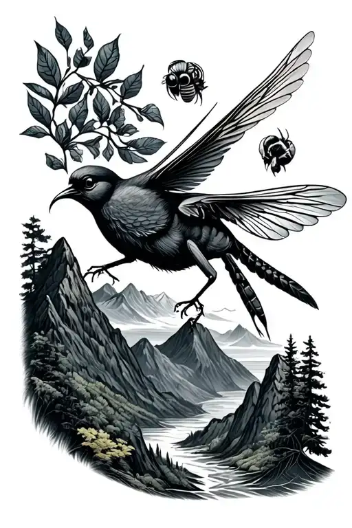 mountain, bird, nature, bee, triton tattoo design idea