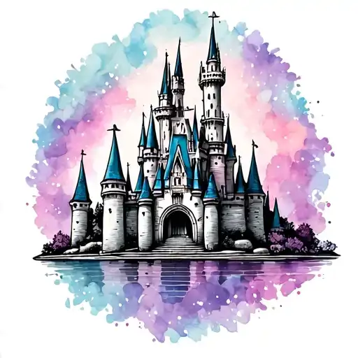 Cinderella's castle add pinks purples blues tattoo design idea