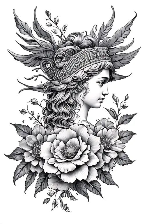 floral and greek mythology filler tattoo design idea