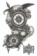 compass with the word loyalty mixed in and a full moon tattoo design idea