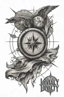 compass with the word loyalty mixed in and a full moon tattoo design idea