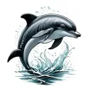 Child name "Kaitlyn" intertwined with dolphin jumping tattoo design idea