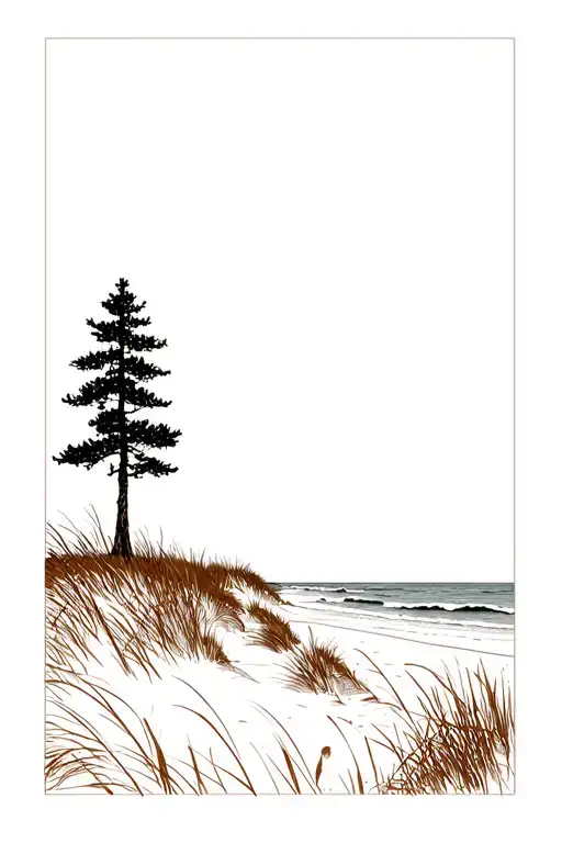 beach + dunes + shore pine big tree + brown grasses tattoo design idea
