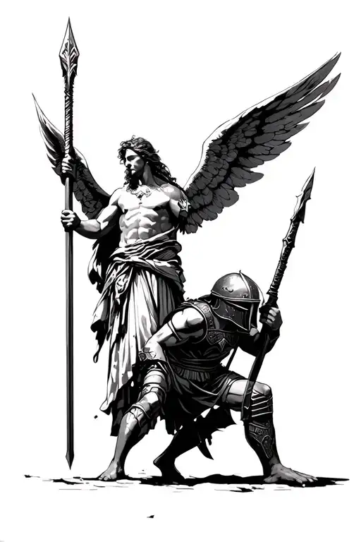 Angel on high with wings wide open and imposing, spear in hand; on the ground a tired Spartan warrior; divine protection tattoo design idea