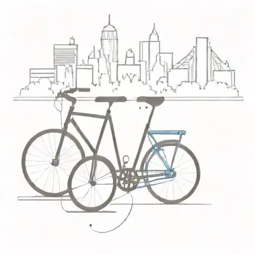 A minimalist skyline of our hometown with two bicycles intertwined in the foreground tattoo design idea