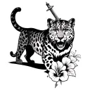 sword spine tattoo and a snow leopard walking on the side of it with its tail slightly wrapped around with hibiscus tattoo design idea