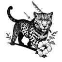sword spine tattoo and a snow leopard walking on the side of it with its tail slightly wrapped around with hibiscus tattoo design idea