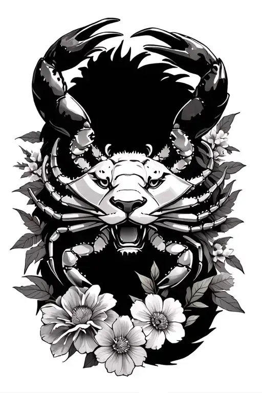 crab, lion and scorpion hybrid surrounded by flowers tattoo design idea