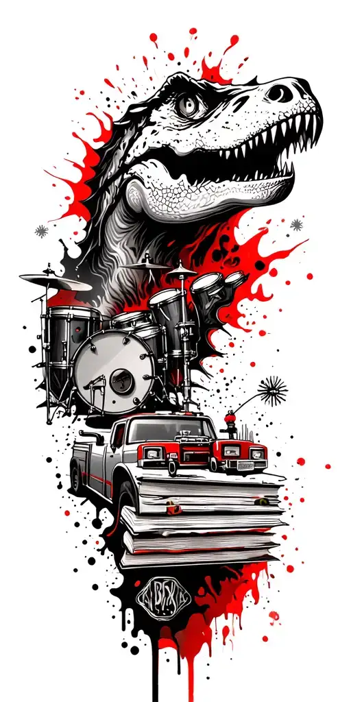 map with landmarks with road, mountains, trex fire truck, mountain bike drum set, cassette tape, book on fire, tattoo design idea