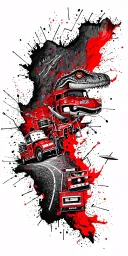 map with landmarks with road, mountains, trex fire truck, mountain bike drum set, cassette tape, book on fire, tattoo design idea