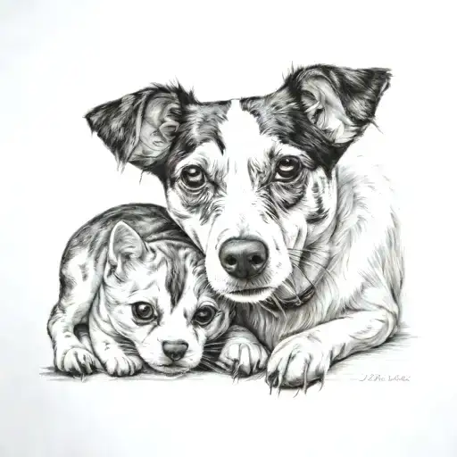 jack russell and black cat curled tattoo design idea