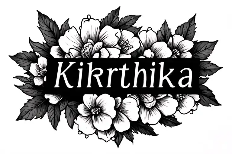 Name tattoo “Kirithika” with aspects of tamil culture and jasmine flower garlands, should look a bit masculine tattoo design idea