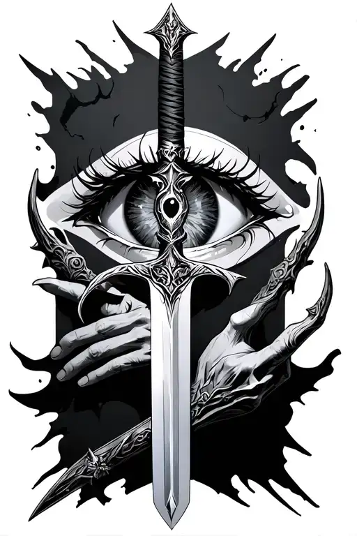 Narsil sword surrounded by some dark themes like saurons hand or eye of sauron . kinda in goth style tattoo design idea