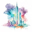 A bustling intergalactic cityscape with two prominent buildings standing tall amidst the futuristic architecture. On the tattoo design idea