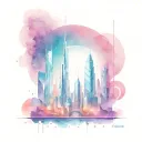 A bustling intergalactic cityscape with two prominent buildings standing tall amidst the futuristic architecture. On the tattoo design idea