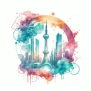 A bustling intergalactic cityscape with two prominent buildings standing tall amidst the futuristic architecture. On the tattoo design idea