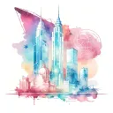 A bustling intergalactic cityscape with two prominent buildings standing tall amidst the futuristic architecture. On the tattoo design idea