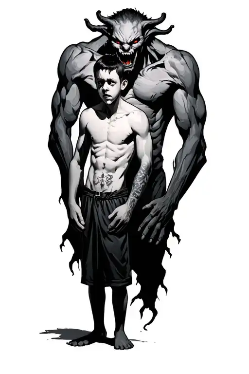a sad young boy standing with a scary demon towering behind him, wrapped around his body tattoo design idea
