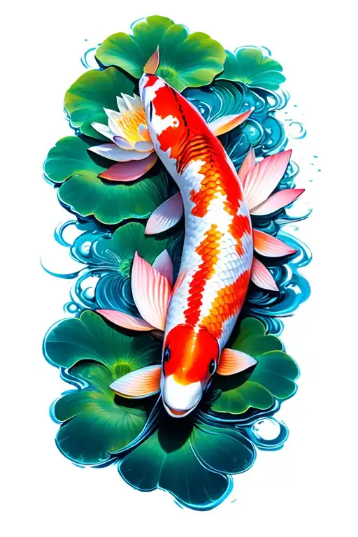 orange koi pink lotus japanese teal water background tattoo design idea