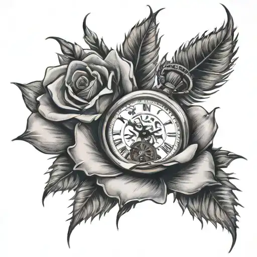 wine red rose with a long spiky stem besides a cool pocket watch and a $100 Benjamin bill curving realistic  tattoo design idea