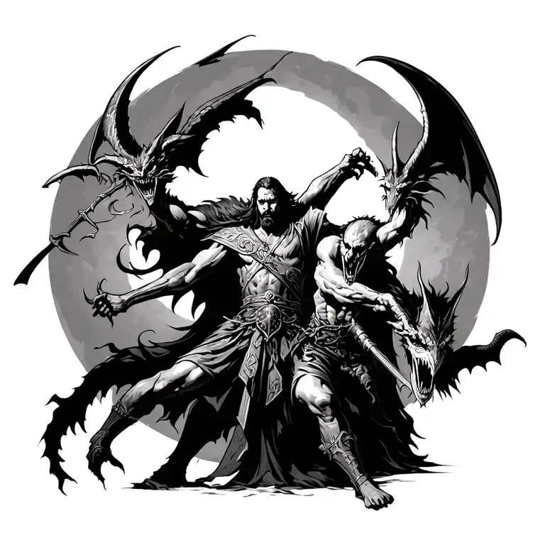 Christian warrior vs demons fighting tattoo design idea
