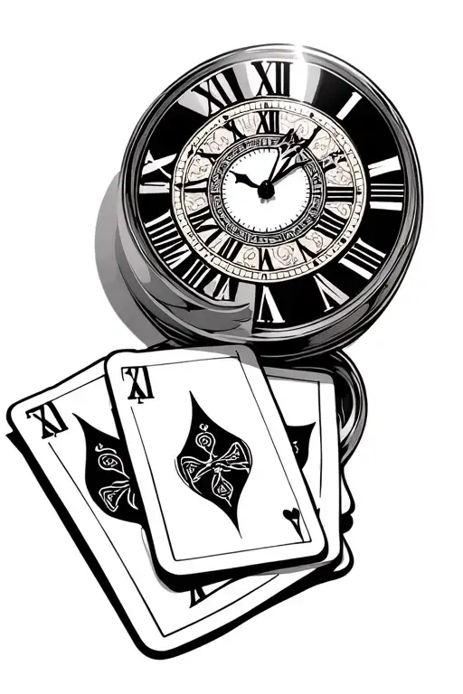 3 777 cards forming. a clock with Roman numerals underneath tattoo design idea