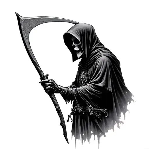 side profile grim reaper holding a scythe realistic tattoo design idea
